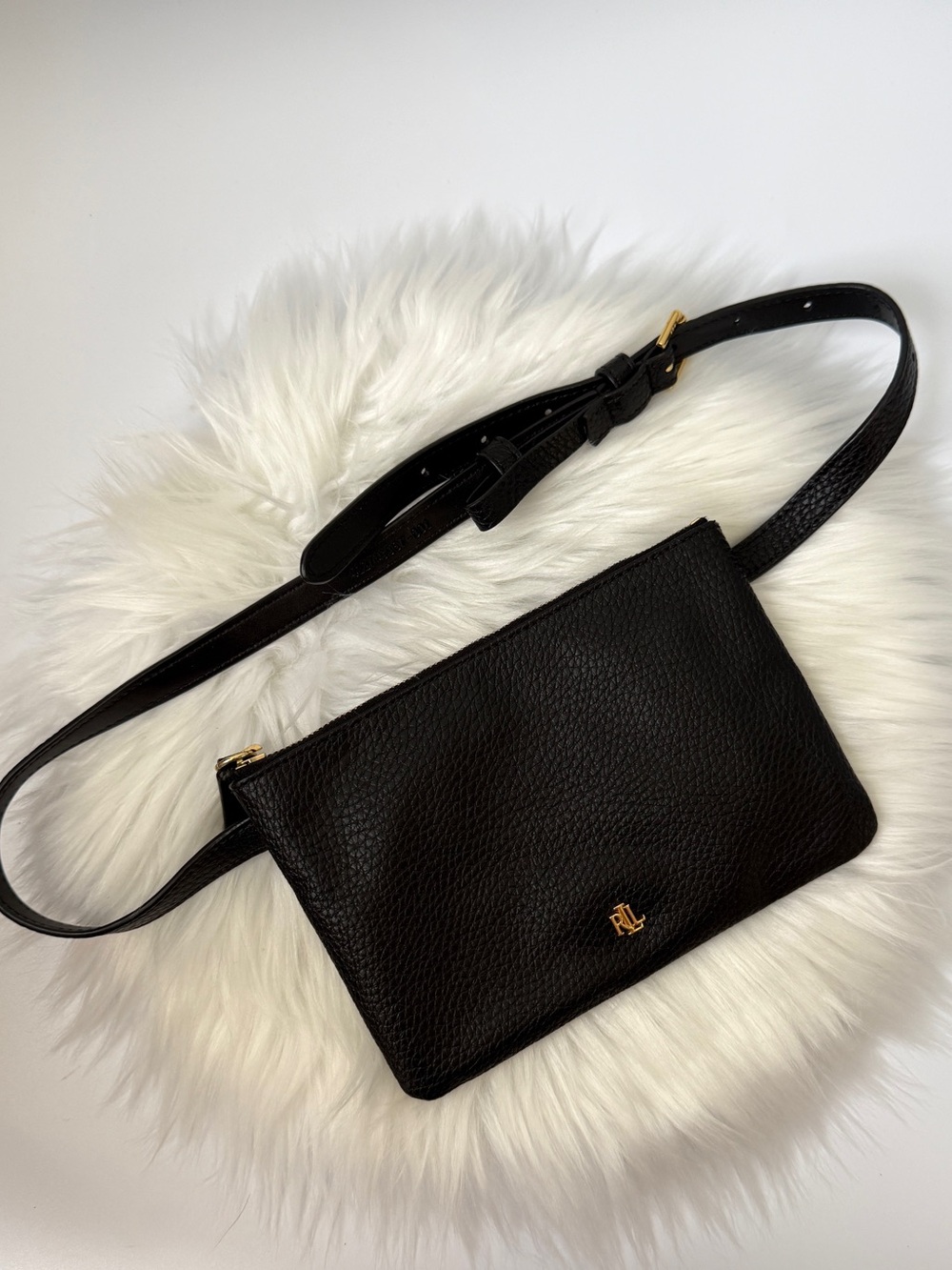 Lauren Ralph Lauren Black Pebbled Leather Belt Bag with Gold RL Hardware